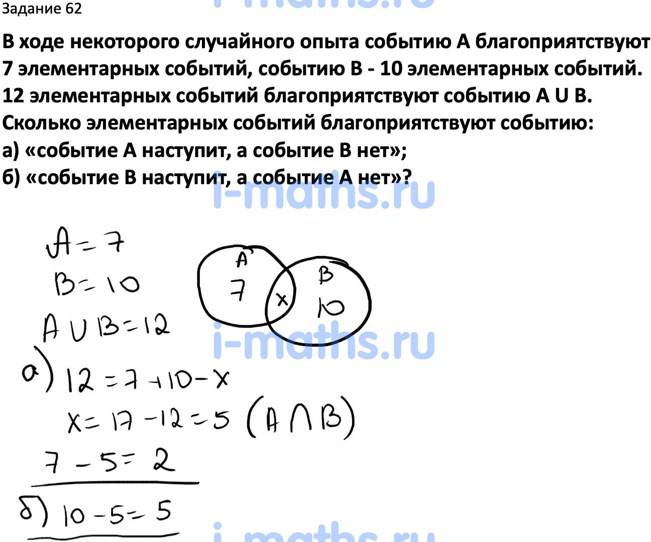 На диаграмме эйлера указано число элементарных событий благоприятствующих событиям а и в